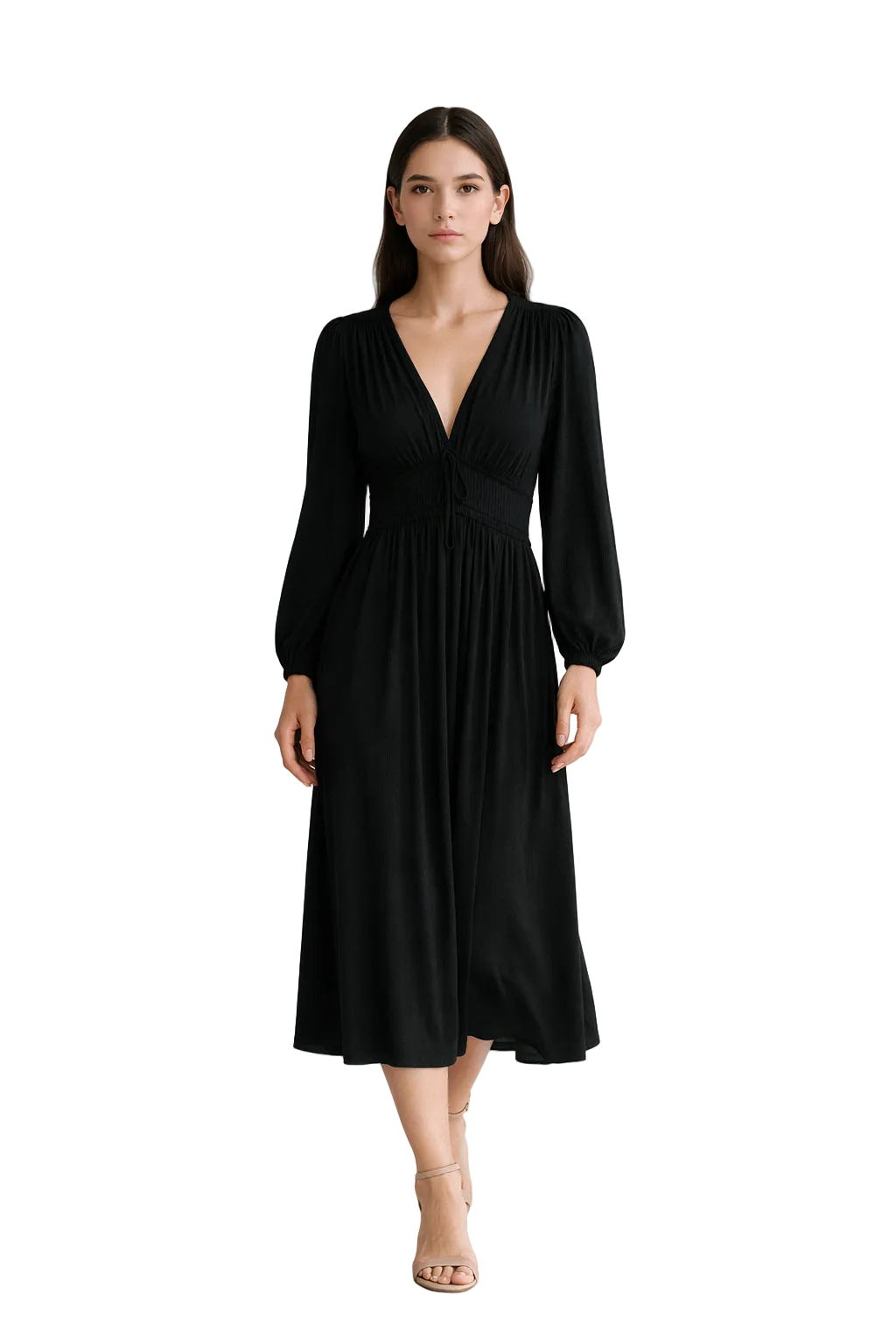 Schwarzes Midikleid mit langen Ärmeln und V-Ausschnitt