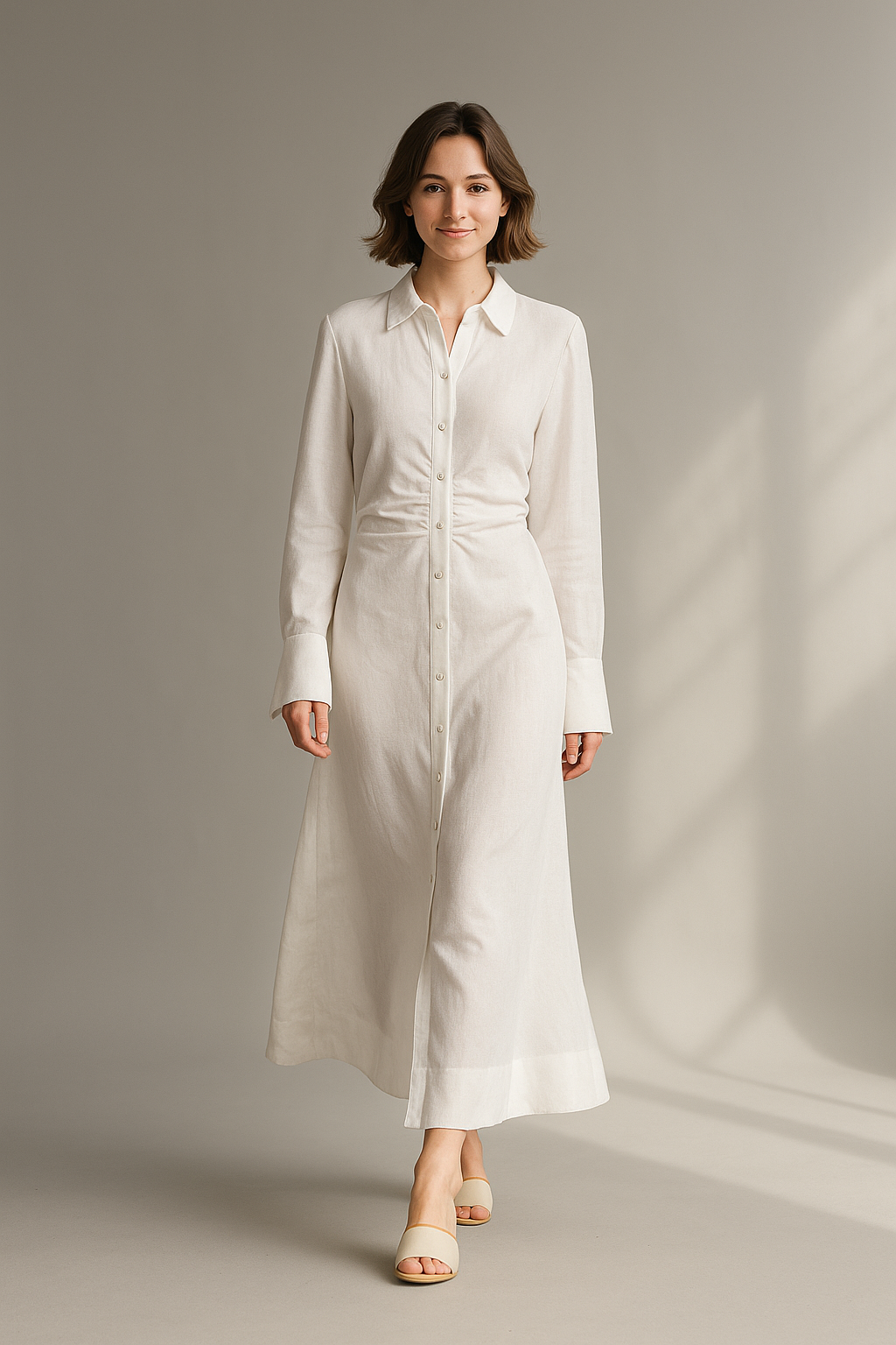 Weißes Hemdblusenkleid in Midilänge mit langen Ärmeln